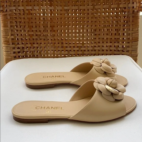 Chanel Camellia Flat Beige Mules Sandals